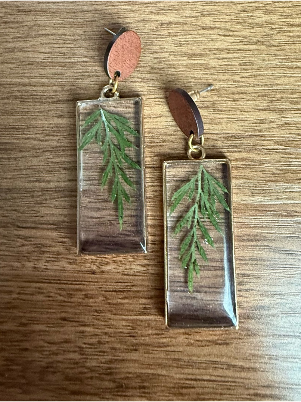 Handmade Rectangular Resin Leaf Drop Earrings - Green